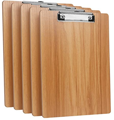 (5 Stück) Klemmbrett Holz A4,Schreibbrett Klemmbretter mit Metalklemme und Aufhängeose, Clipboard Schreibplatte für Büro,Restaurant,Schule