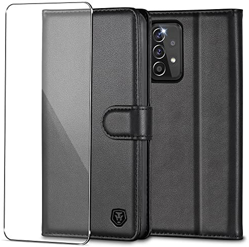 Handyhülle für Samsung Galaxy A52s 5G Hülle mit Panzerglas Schutzfolie Premium PU Leder Klapphülle Brieftasche Kartenfach Ständer Magnet Handytasche Case Schutzhülle für Samsung A52s/A52 5G - Schwarz