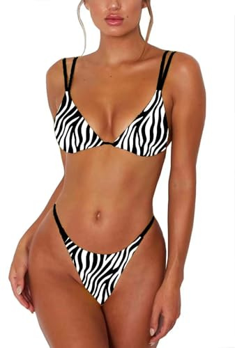 ForBeautyShe Sexy Perizoma Inferiore Due Pezzi Bikini Doppi Spallacci Carino Costume da Bagno Triangolo Bagno, Stampa zebrata., S