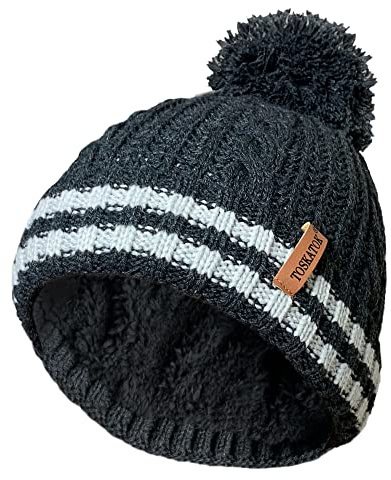 TOSKATOK Boy's STORMACTIVE 100% Waterproof Reflective Warm Knitted Cable Winter hat with Pompom and Thermal Cosy Liner-Grey