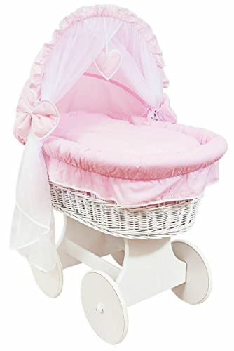 Babymam BABY FULL PURE COTTON BEDDING SET WITH HOOD TO FIT WICKER MOSES BASKET (Pink)
