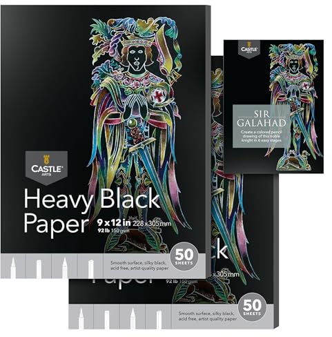 Castle Art Supplies Dickes schwarzes Zeichenpapier 9 x 12 Zoll|2er-Pack|50 Blatt (150 g/m2)|Glatte, seidige, schwarze Oberfläche|Toll Resultate mit Bleistift, Buntstift, Pastellfarben (9x12, 2er-Pack)