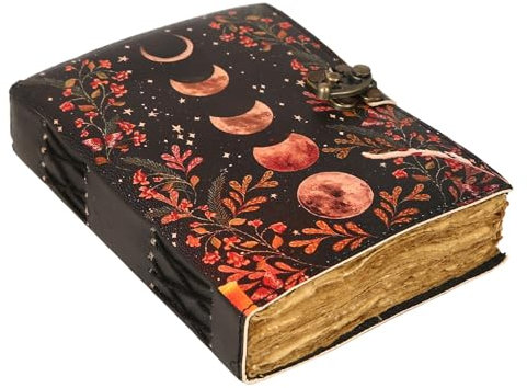 AGWANI HANDICRAFT Leeres Zauberbuch der Schatten Tagebuch mit Schlossverschluss, Vintage-Stil, handgefertigtes Leder-Tagebuch, Mondphasen-Druck, Tagebuch, Gebet, heidnische Hexerei, Zubehör,