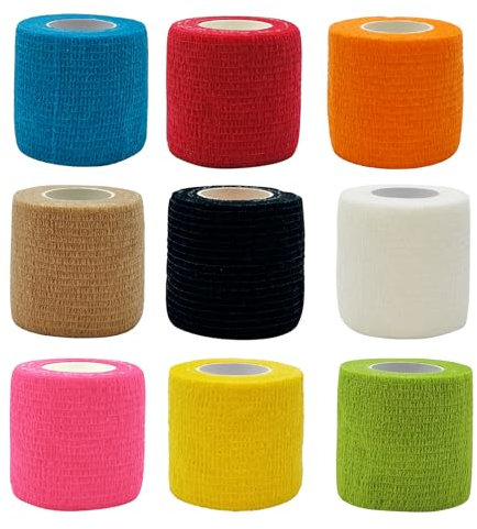 Helweet Selbsthaftende Cohesive Bandage, Haftbandage, Selbstklebender Verband, 9 Rollen Fixierverband, Elastische Binde, Selbsthaftende Bandage, Pflasterverband, Tierverband, 5cm x 4.5m