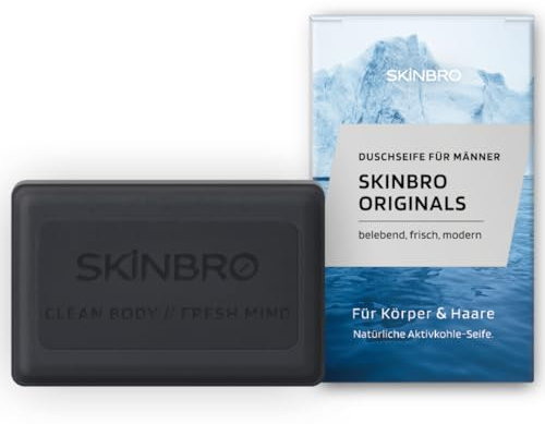 SKINBRO Originals Festes Duschgel Männer mit Aktivkohle - Sportlich & Frisch - Duschseife Männer Made in Germany, Shampoo Herren Vegan & Nachhaltig - Silikonfrei, Seife Stück, 100g feste Seife
