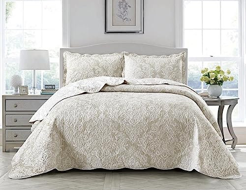 Q Style Quilted Patchwork Bedspread Bed Throw 3 Piece Comforter bedding set with Pillow Shams and Coverlet Throw Machine Washable (Damask-Beige, Super King)