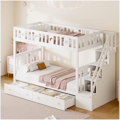 Racxily Litera con Escalera de Almacenamiento y Dos Grandes cajones, Cama Infantil 90 x 200/90 x 200 cm, literas Juveniles de Madera Maciza con Escalera de Seguridad y somier de láminas, Blanco