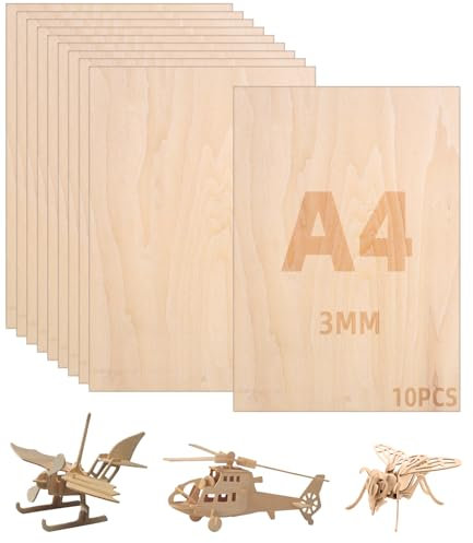 Lot de 10 panneaux de contreplaqué A4 en bois de 3 mm pour travaux en bois pour travaux en bois, traitement au laser, pyrographie, modélisme, cadeaux, décoration