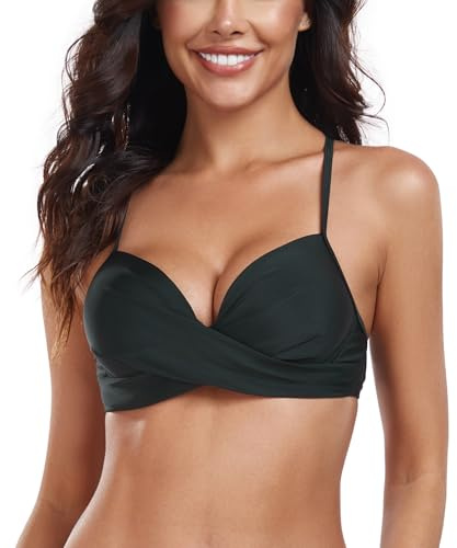 RELLECIGA Underwire bikiniöverdel för kvinnor twist front bygel bikini topp, svart, M