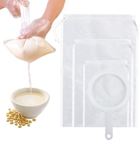 Nussmilchbeutel Passiertuch Wiederverwendbar Filtertuch mit Kordelzug Filterbeutel 120 Mesh Siebbeutel Brew Bag, Drei Größen Mit Sieb Fein, für Nussmilch, Wein, Kaffee, Joghurt, Fruchtsaft