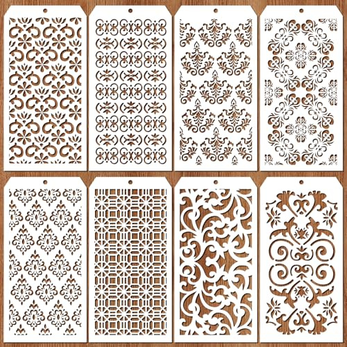 JSRQT 8 Piezas Plantilla de Pintura de Damasco,Stencil di Pittura,Stencil Geométricas Manualidades para Paredes Lienzo Madera Muebles Suelos Azulejos 4.7 x 9.45”
