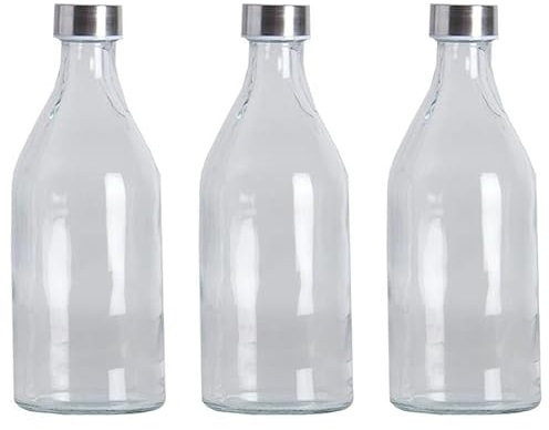 Tradineur - Pack de 3 Botellas de Vidrio de 1 litro, tapón de Acero, Agua fría o Caliente, Bebidas, té Helado, Limonada, frigorífico - 25,5 x 9,5 cm