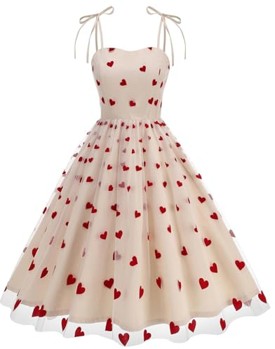 Robes des années 1950 pour femme – Élégante, imprimé cœur, ligne A, maille, tulle, sans manches, bretelles spaghetti, swing, vintage, cocktail, fête, robe d'invitée de mariage, A beige., XL