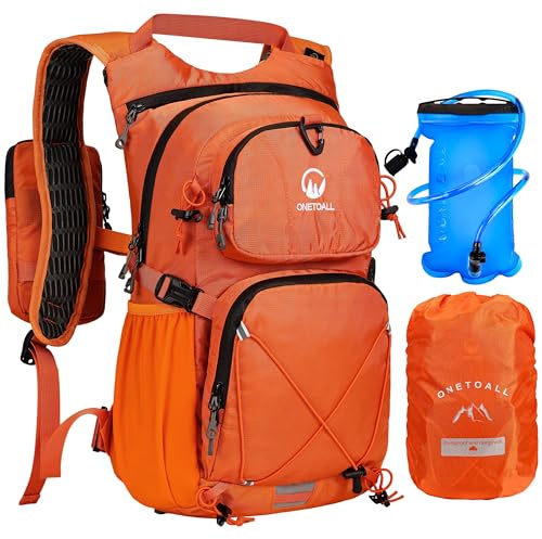 ONETOALL Hydration Backpack with 2L Water Bladder, 22L Waterproof Hiking Backpack with Rain Cover, Insulated Compartment for Running, Cycling, Walking, Camping & Skiing, Orange
