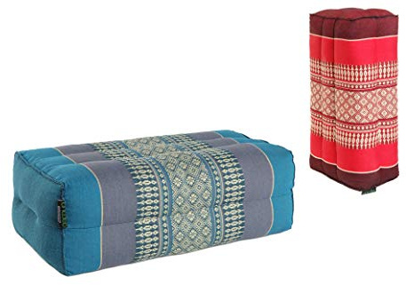 ANADEO YogaProducts Standard - Juego de 2 Yoga y meditación Cojín Zafu Estándar - Kapok de Alta Densidad 100% Natural - Confort y Firmeza - Estabilidad de Asís - Rojo Borgoña/Turquesa