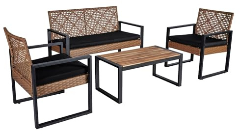 Outdoor Patio Furniture Set, 4 Piece Rattan Wicker Sectional with Loveseat Couch Sofa, Coffee Table and Chairs, Conversation Seating for Balcony, Porch, Deck, Backyard, Muebles de Exterior