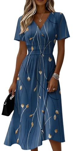Summer Dresses for Women UK V Neck Flowy Short Sleeve Wrap Dress Midi Boho Casual Dresses Solid Color Vacation Sunshine Dress