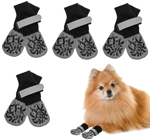 ZEMINRI 4 Paia Calzini Antiscivolo, Scarpe per Cani Protezioni per Le Zampe Regolabili Tramite Cinturini,Ideali per Uso Interno Ed Esterno, Calzini per Cani Taglia Piccola Media (S)