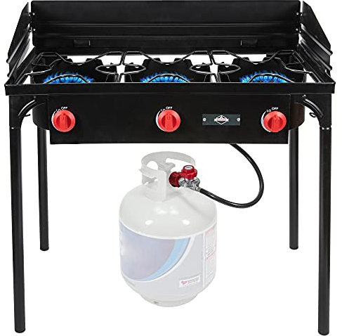 Hike Crew Réchaud à gaz extérieur en fonte à 3 brûleurs | Table de cuisson au propane portable 225 000 BTU avec contrôle de flamme bleue, pieds amovibles, boutons de contrôle de température, panneau