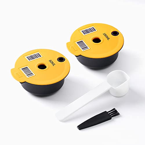 RECAFIMIL Lot de 2 dosettes Tassimo réutilisables 180 ml/60 ml avec couvercle en silicone jaune compatible avec machine Bosch Tassimo