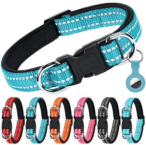 AUAUY Reflektierend Halsband Hund, Verstellbares Atmungsaktives Hundehalsband, Weich Gepolstertes Neopren Nylon Hunde Halsband mit AirTag-Hülle Doppel-D-Ring für Kleine Mittel Große Hunde(Blau-S)