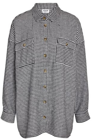 NOISY MAY Damen NMFLANNY L/S Long Shacket BG NOOS Langarmbluse, Bright White/Detail:Black HOUNDSTHOOTH, Large