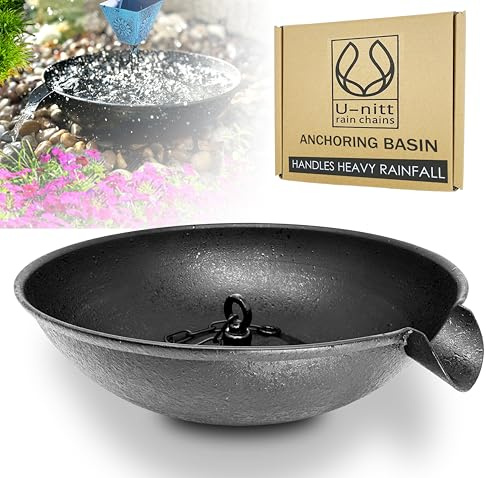 U-nitt Lavabo de anclaje de 12 pulgadas para cadena de lluvia de canalón, cuenco de derrames para fuente, con tapón, alternativa de baño de pájaros, con cadena de fijación, revestimiento de polvo