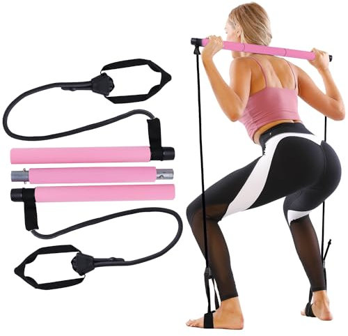 GLKEBY Bâton de Pilates avec résistance réglable et bâton d'exercice Portable Pilates pour étirement, Yoga, Sculpture, entraînement, abdominaux et Perte de Poids Rose