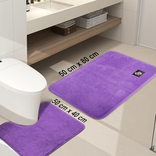 B&B Bathroom Mat Set of 2 (50 x 80 cm + 50 x 40), Soft Microfiber Bath Rugs, Non-Slip Shaggy Bath Carpet, Machine Wash Dry Bath Mats for Bathroom Floor, Tub and Shower, Purple