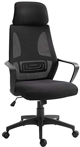 Vinsetto Sedia da Ufficio Ergonomica con Braccioli e Poggiatesta Regolabile, Sedia Scrivania Girevole con Supporto Lombare, Altezza Regolabile e Funzione Dondolo in Tessuto per Studio, Nero