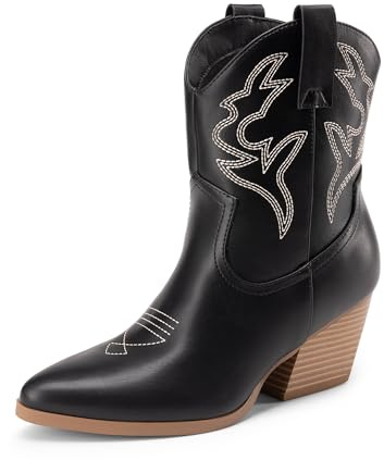 DREAM PAIRS Women's Cowboy Cowgirl Boots Embroidered Stitched Short Western Boots Low Chunky Heel Pointed Toe Ankle Booties,Size 6,Black,DWUMAB2504