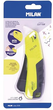 MILAN® Blíster cúter auto retráctil hoja metálica COMPACT serie Acid, amarillo