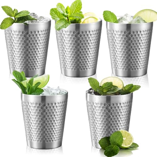 Porfoyo 5 stycken muggar i rostfritt stål 300 ml, muggar i rostfritt stål, dubbla väggar, isolerade metall, okrossbara, stapelbara metallkoppar, campingmuggar, hammarmönster rostfritt stål mugg för