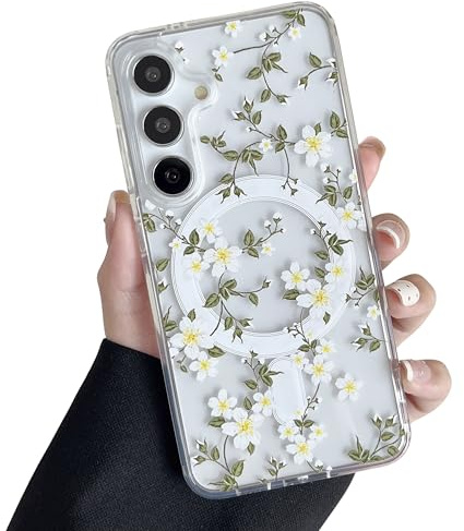 ZTOFERA Magnetiskt fodral för Samsung Galaxy S25 5G, blommigt mönster transparent mobilskal kompatibelt med Wireless Lade, mjukt skyddande mobilskal – - stora vita blommor | Blommönster, hård rygg med mjuka TPU-kanter, smal passform