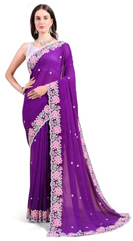 Estationeryhouse Women's Georgette Embroidery Border Work Designer Saree with Large Flower Border with Blouse Piece (Purple)