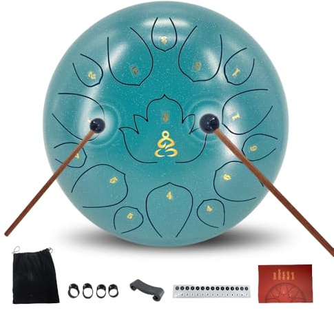YoungMonic Steel Tongue Drum 12 Inches 15 Notes C Major Steel Drums Rain Chimes for Outside Percussion Instrument with Drum Mallets and Carry Bag (Malachite Green, 12 Inch 15 Notes)