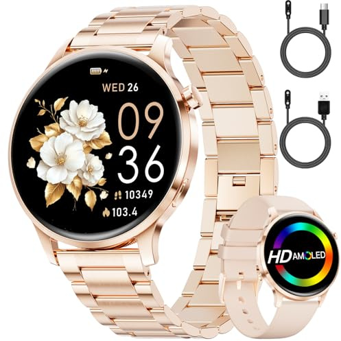 SUNKTA Montre Connectée Femme 7,9mm Ultrafin 1,32 AMOLED Appel Bluetooth Acier Elegant Smartwatch pour Android iOS,Fréquence Cardiaque,Moniteur de Sommeil,Podomètre,Calories,100+ Mode Sport,Or Rose