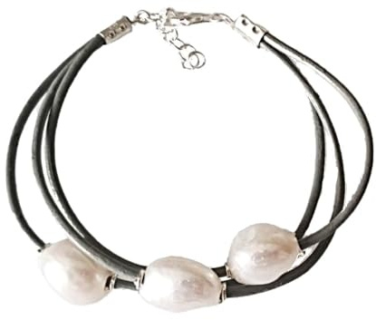 Pulsera de Perlas Cultivadas Barrocas Blancas con Cuero Gris y Plata de ley