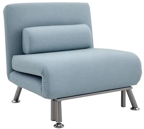 HOMCOM Single Chair Bed, 3-in-1 Linen Folding Sleeper Chair, Sky Blue | Convertible Guest Bed, with 75cm Wide Seat, Adjustable Backrest, Pillow, Metal Legs, Single Adult, for Home, Living Room