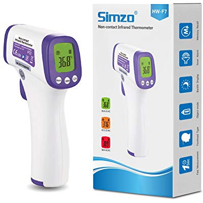 Termómetro digital infrarrojo sin contacto con lectura en °F y °C, pantalla LCD, señal acústica en caso de fiebre y almacenamiento de las últimas mediciones