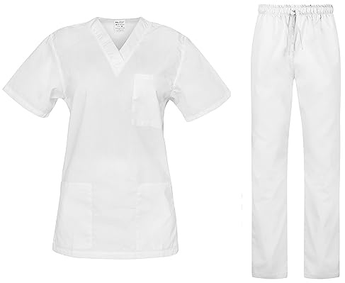 B-well Cesare Uniforme Médicale Unisexes Ensemble: Haut et Pantalons + Tunique Médicale Femme/Homme - Tenue Aide Soignante Professionnelle Blanc. XS