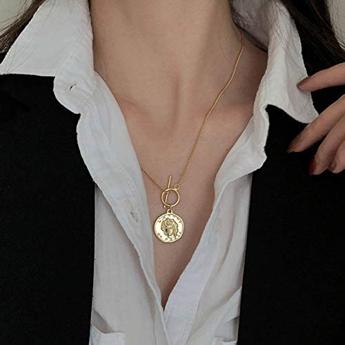 Yienate Collier avec pendentif en forme de pièce de monnaie - Médaillon tête humaine OT - Fermoir à bascule - Collier doré délicat pour femmes et filles