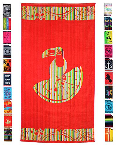 P.K. Collection Serviette de plage 100 % coton - Serviette de plage 90 x 165 cm - Tissu éponge de qualité supérieure - Impression jacquard de qualité supérieure (orange toucan) multicolore