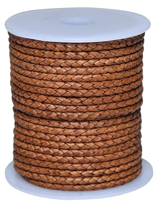 Cords Essentials Leather Round Braided Cord, 3MM, Distressed Saddle, 5 Meters, Bolo Cord for Jewelry Making
