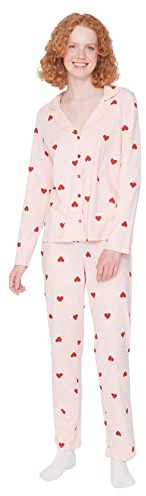 Trendyol Damen 2er-Pack Herz Lange Ärmel Lounge/Zuhause Tailliert Pyjama-Set Pigiama, Pink, L (Pacco da 2) da Donna