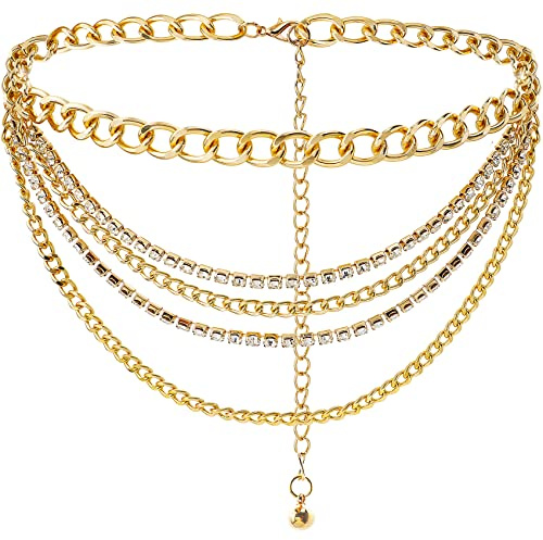 Suyi Multilayer Chain Belt Rhinestone Metal Chain Belts for Women Punk Gold Waist Chain Plus Size 150CM Gold