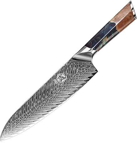 MITSUMOTO SAKARI 21 cm Santoku Coltello Giapponese, Coltelli da Cucina Professionali in Damasco VG-10, Coltello Cucina Forgiato a Mano Ultra Affilato (Manico del Coltello Nanmu)