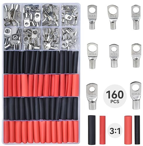 Kabelschuhe Schrumpfschlauch Set, Preciva 160tlg Schrumpfschläuche Ringkabelschuhe Set, 6-25mm² Rohrkabelschuhe(80tlg) Schrumpfschlauch(80tlg) Schrumpfverhältnis 3:1 für Kfz Motorad Auto