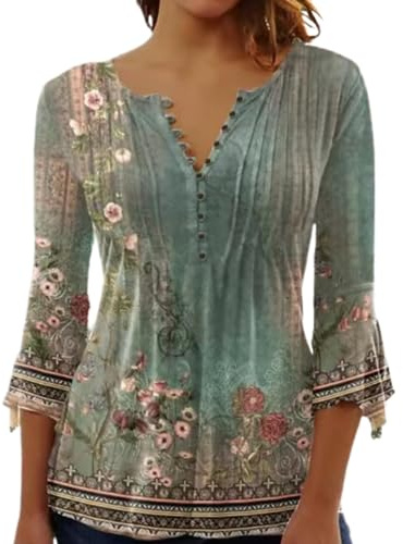 Yeenily Camicia Elegante Donna a Manica Scollo a V T-Shirt a 3/4 Lunga Top Bluse Maglietta Stampato Basic Tee(Verde,XL)