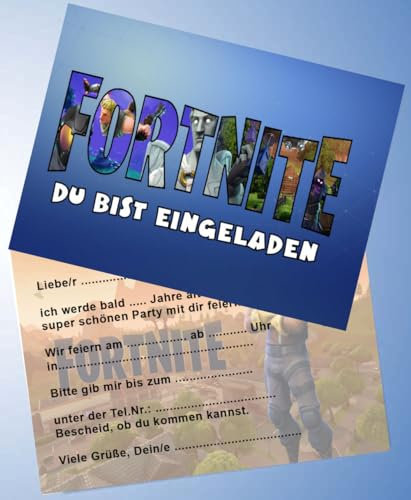 VSW 12 Einladungskarten & 12 Umschläge für Geburtstag Partys und Kindergeburtstag Gamer Game Fort_nite Nr. 46